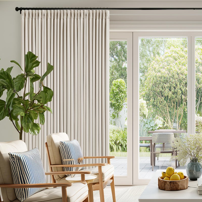 TWODRAPES Pinch Pleated Blackout 102 Inch Curtains 70 Inch Wide Linen Dual Layer Soundproof Farmhouse Bedroom Window Curtains for Living Room Cream Natural Hooks Rings Back Tab 100% Black Out Drapes 1 Panel - Image 1