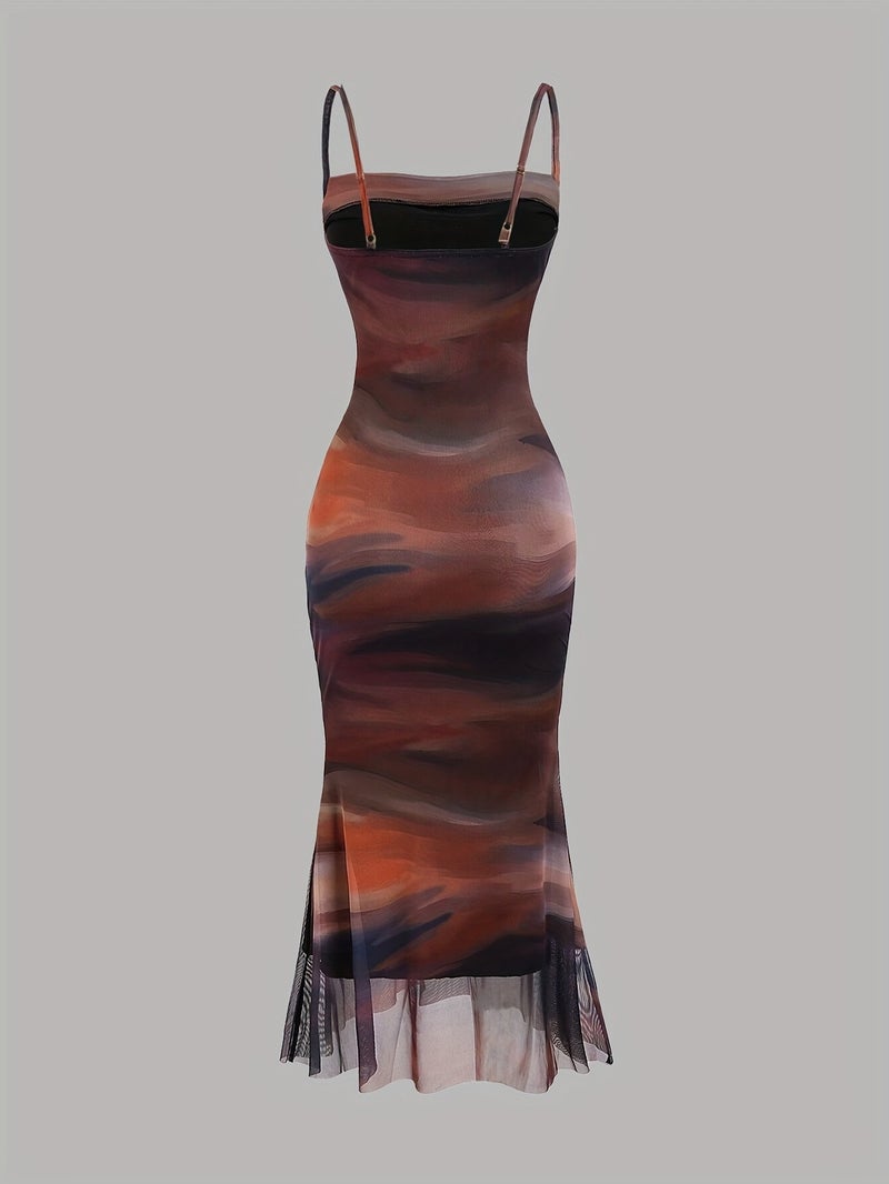 2025 New Tie-Dye Mesh Suspender Dress Women'S Summer Slim Fit Hot Long Dress - Image 3