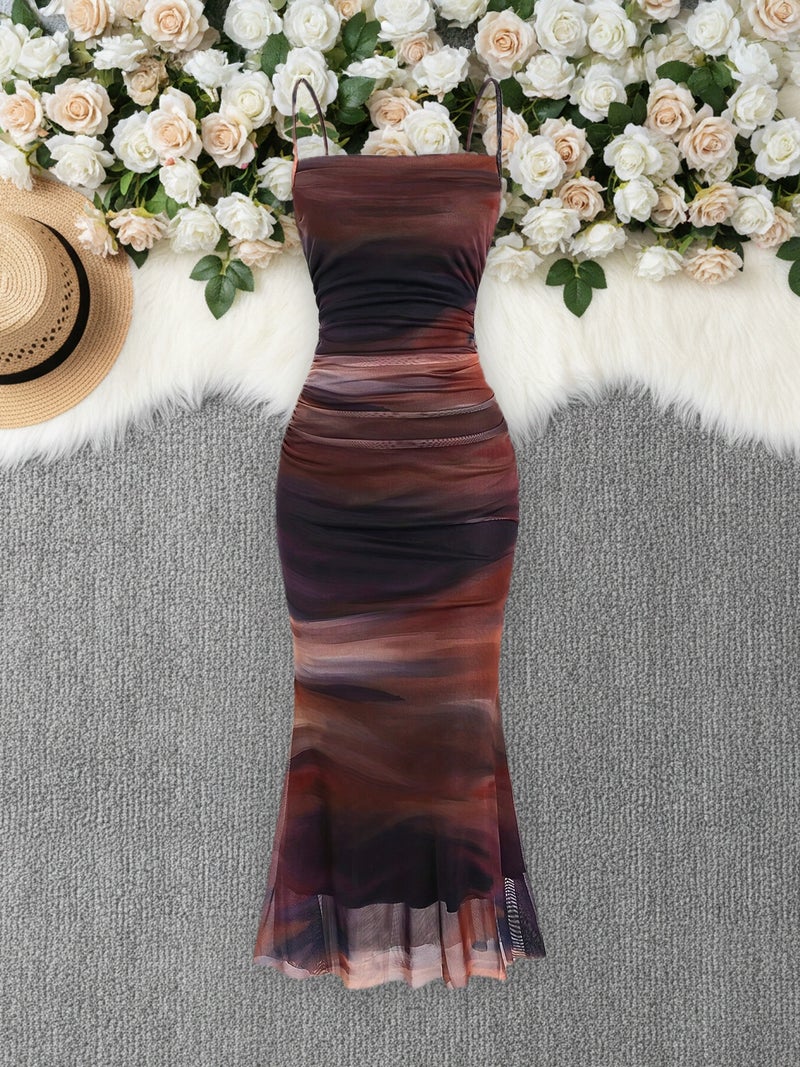 2025 New Tie-Dye Mesh Suspender Dress Women'S Summer Slim Fit Hot Long Dress - Image 2