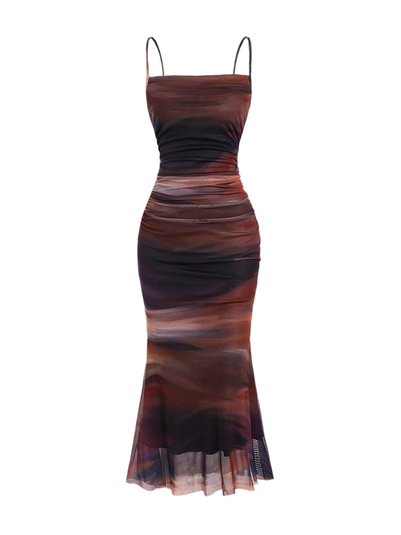 2025 New Tie-Dye Mesh Suspender Dress Women'S Summer Slim Fit Hot Long Dress - Image 1