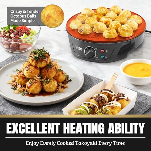 FineMade Takoyaki Maker Pan with Temperature Control, Tools and Recipes, Make 18 Japanese Octopus Balls at once, Easy to Use and Store - Image 4