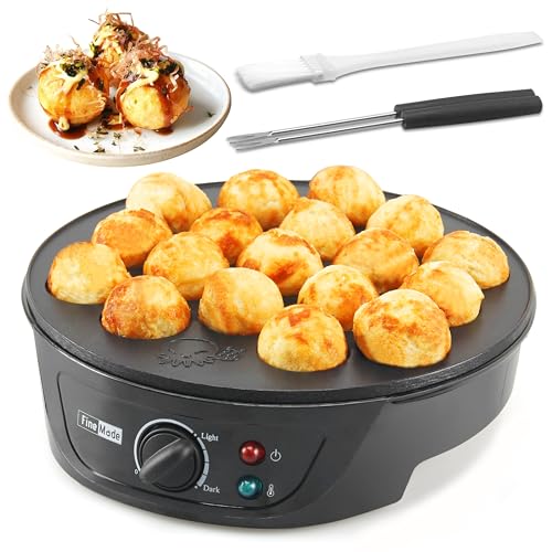 FineMade Takoyaki Maker Pan with Temperature Control, Tools and Recipes, Make 18 Japanese Octopus Balls at once, Easy to Use and Store - Image 1