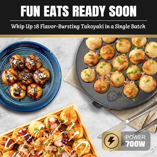 FineMade Takoyaki Maker Pan with Temperature Control, Tools and Recipes, Make 18 Japanese Octopus Balls at once, Easy to Use and Store - Image 2