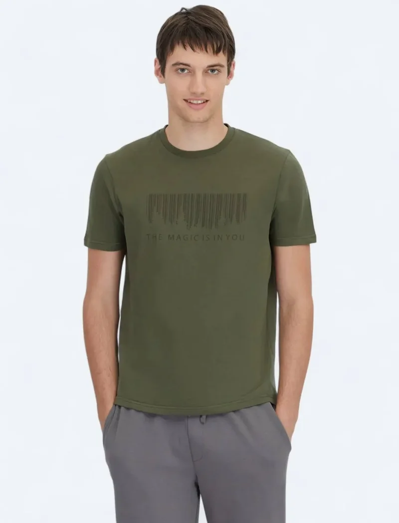 Kip Khaki Printed Crew Neck 100% Cotton T-Shirt