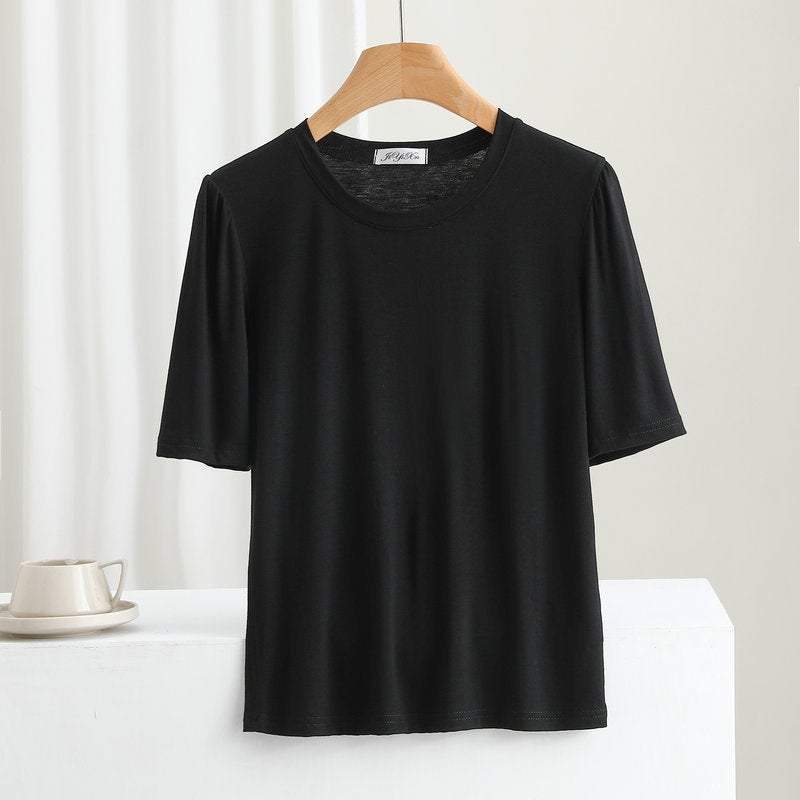 Modal T-Shirt Women'S Short-Sleeved White Summer Slim-Fit Crewneck Base Shirt Outer Wear Mid-Sleeved Thin Inner Black Top - Image 1