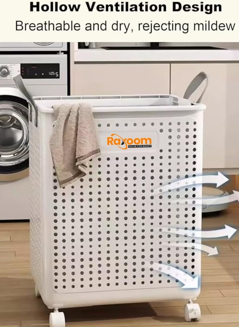 راكسوم سلة غسيل قابلة للطي لتخزين الملابس المتسخة - سعة 60 لترًا مع عجلات بأربع طبقات، منظم تخزين متعدد الأغراض (38×9×47.5 سم، أبيض) - Image 5