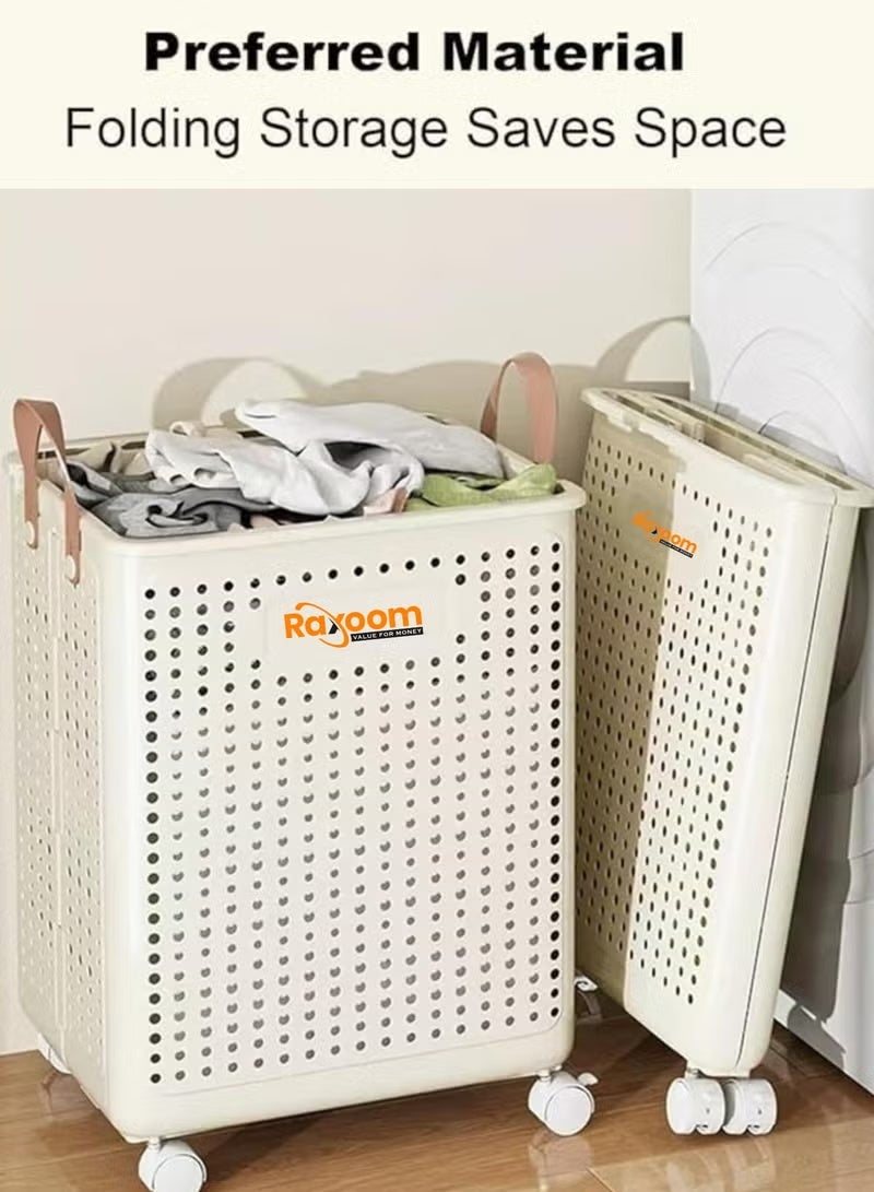 راكسوم سلة غسيل قابلة للطي لتخزين الملابس المتسخة - سعة 60 لترًا مع عجلات بأربع طبقات، منظم تخزين متعدد الأغراض (38×9×47.5 سم، أبيض) - Image 2