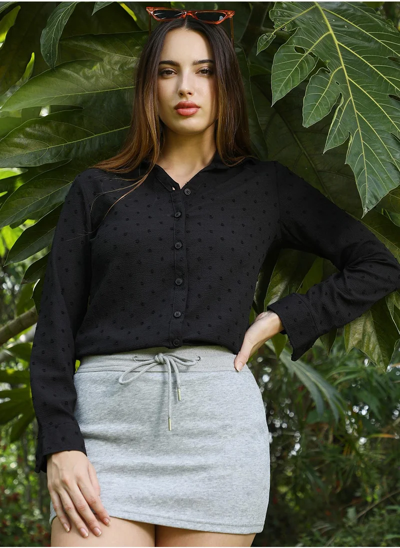 Campus Sutra Women's Midnight Black Pom-Pom Tactile Shirt