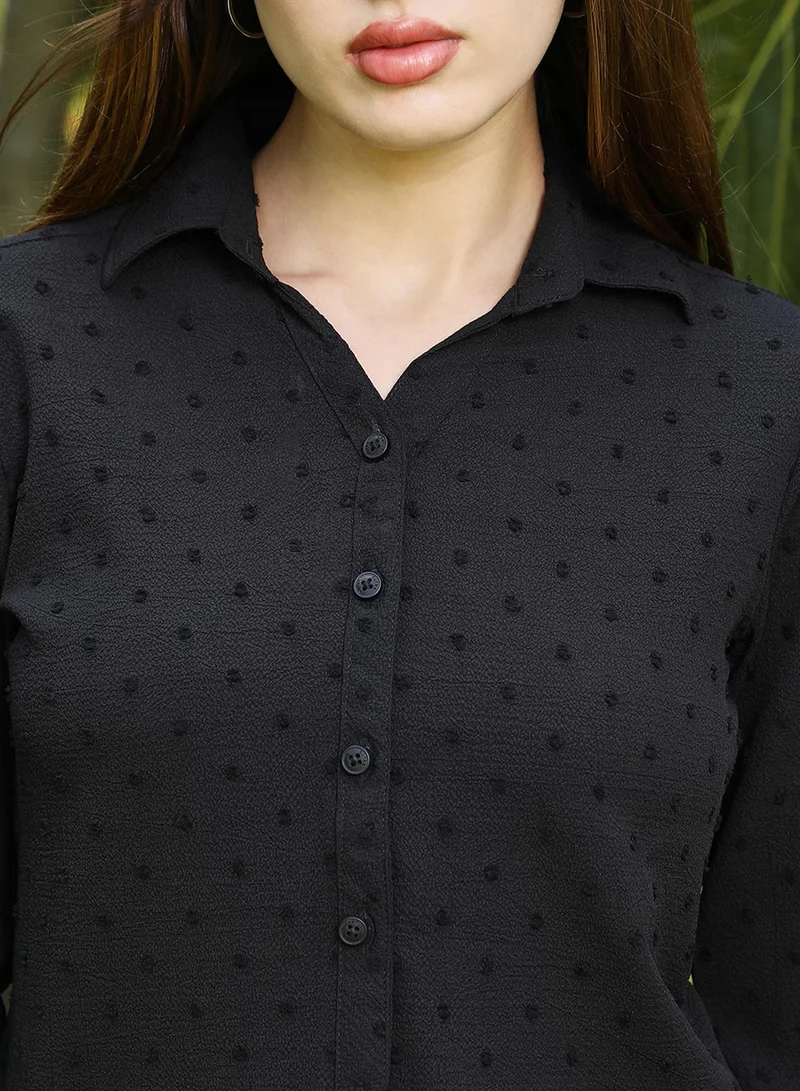 Campus Sutra Women's Midnight Black Pom-Pom Tactile Shirt For Casual Wear | Spread Collar | Long Cuffed Sleeves | Button Closure | Shirt Crafted With Comfort Fit For Everyday Wear