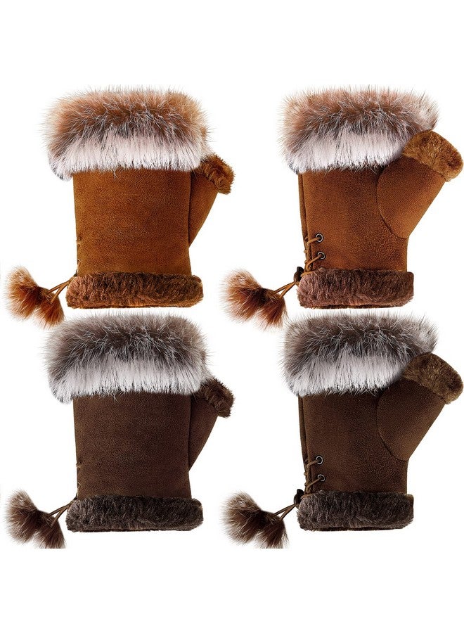 ساتينور قفازات نسائية من الفرو بدون أصابع من SATINIOR، قفازات شتوية من فرو الأرانب بنصف أصابع للنساء والفتيات والمراهقات أثناء العمل والكتابة (بني، كاكي) - Image 1