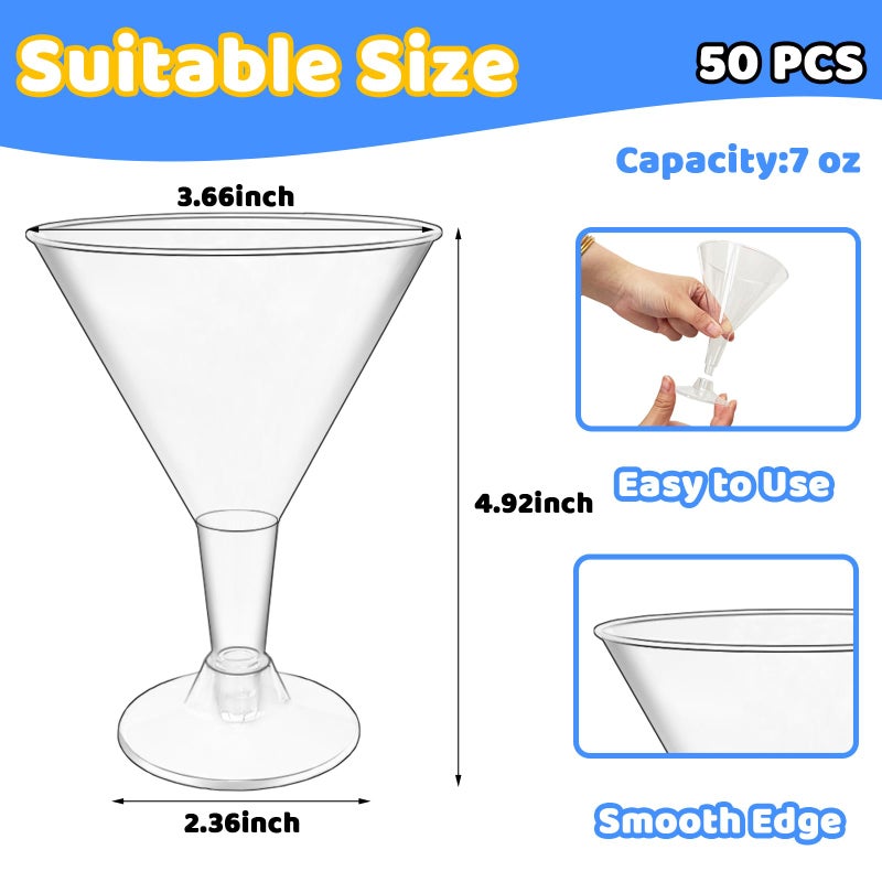 Alaeseje 50 Pack Plastic Martini Glasses,7 oz Clear Disposable Cocktail Cups,Reusable Tall Stemmed Wine Shooter Glasses for Party Wine,Champagne,Margarita - Image 2