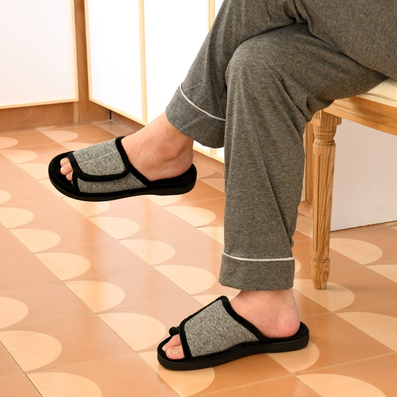DL Adjustable Mens Slippers Memory Foam, Open Toe House Slippers For Men Comfy Indoor Outdoor, Cozy Breathable Slide Bedroom Velcor Slippers Size 9-10 Light Grey Black - Image 2