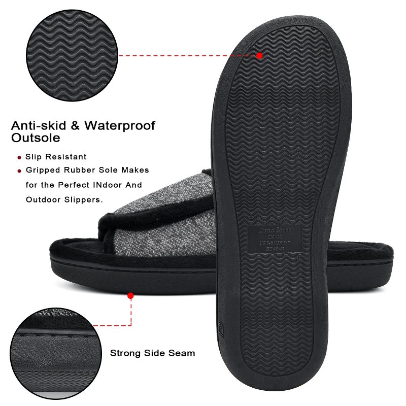 DL Adjustable Mens Slippers Memory Foam, Open Toe House Slippers For Men Comfy Indoor Outdoor, Cozy Breathable Slide Bedroom Velcor Slippers Size 9-10 Light Grey Black - Image 5