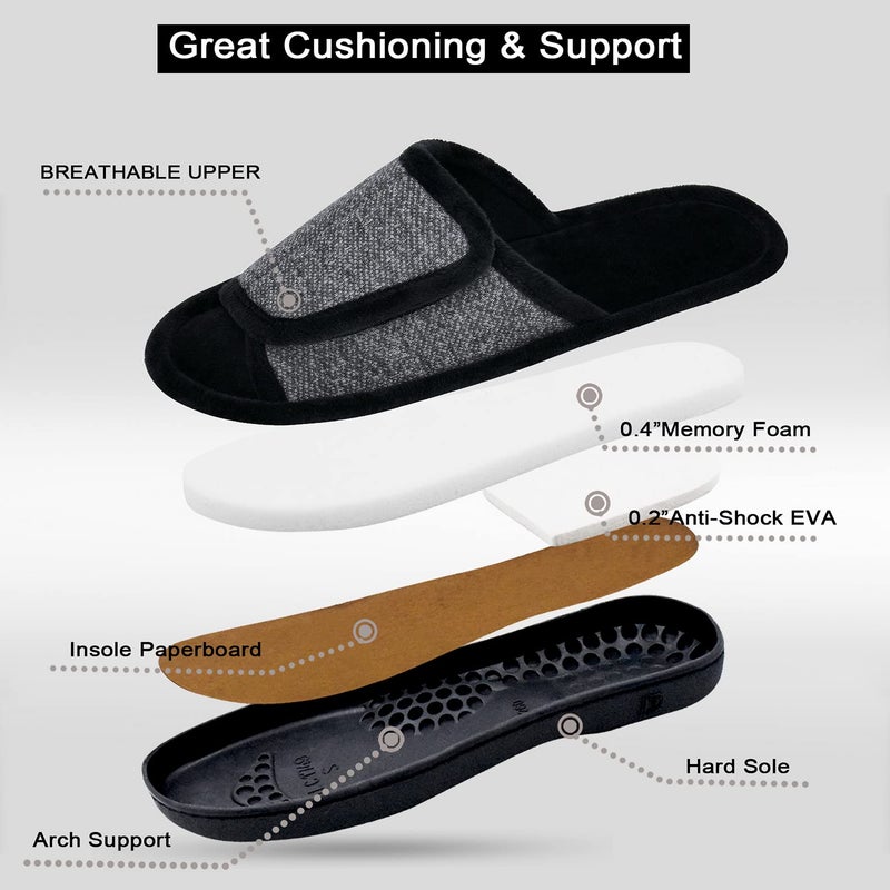 DL Adjustable Mens Slippers Memory Foam, Open Toe House Slippers For Men Comfy Indoor Outdoor, Cozy Breathable Slide Bedroom Velcor Slippers Size 9-10 Light Grey Black - Image 4