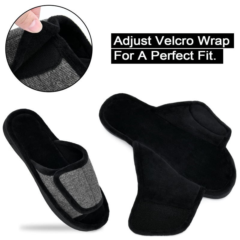 DL Adjustable Mens Slippers Memory Foam, Open Toe House Slippers For Men Comfy Indoor Outdoor, Cozy Breathable Slide Bedroom Velcor Slippers Size 9-10 Light Grey Black - Image 3