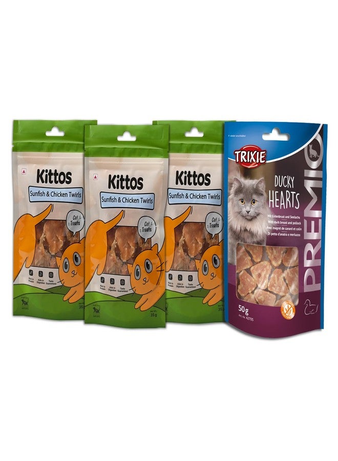Trixie Cat Treats Combo: Trixie Premio Ducky Hearts Cat Treats, 50 g and 3 Pack of Kittos Sunfish and Chicken Twirls, 35gm - Suitable for All Cat Breeds - Image 1