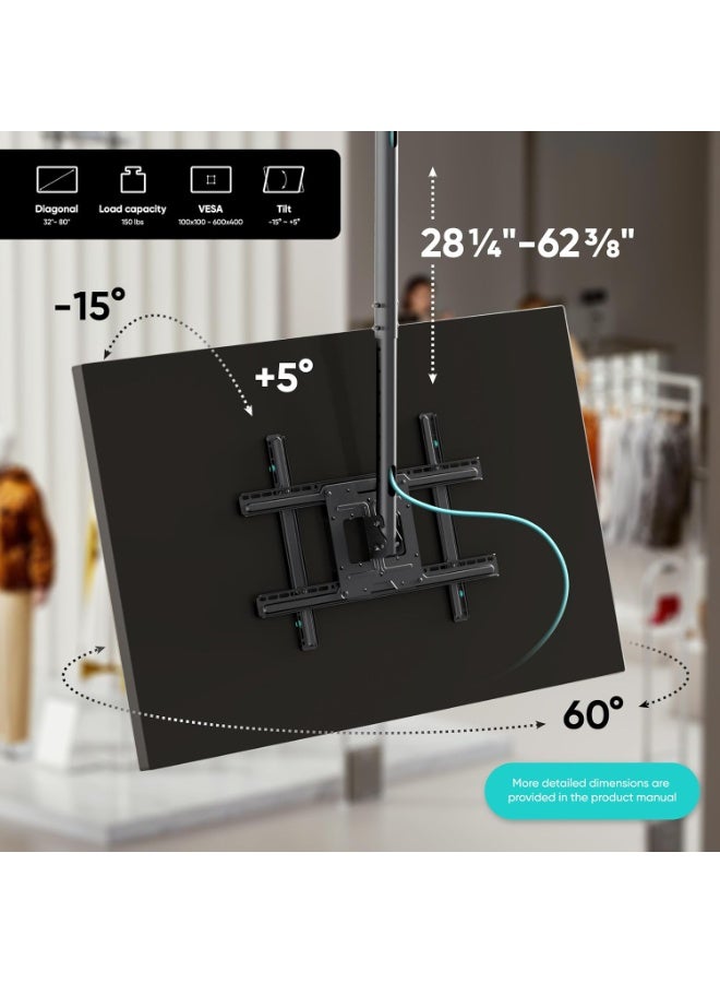حامل تلفزيون سقفي لشاشات 32-80 بوصة - يدعم VESA 600x400 - يتحمل حتى 68 كجم - قابل للدوران ومتين - Image 5