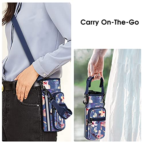 CaseBot Water Bottle Carrier Bag Sling Case, Sports Water Bottle Pouch Holder Sleeve with Adjustable Shoulder Hand Strap and 2 Pockets for Men Women Hiking Camping Travelling, Blooming Hibiscus - Image 5
