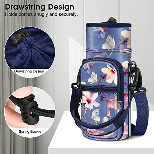 CaseBot Water Bottle Carrier Bag Sling Case, Sports Water Bottle Pouch Holder Sleeve with Adjustable Shoulder Hand Strap and 2 Pockets for Men Women Hiking Camping Travelling, Blooming Hibiscus - Image 3
