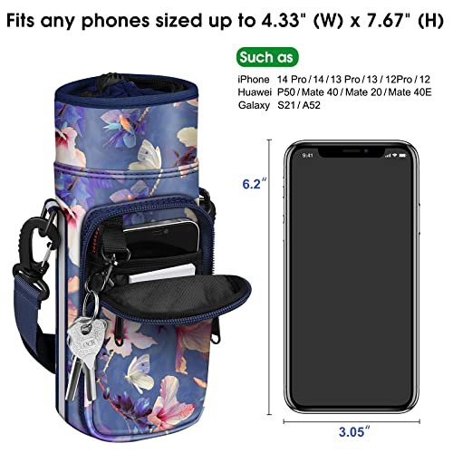 CaseBot Water Bottle Carrier Bag Sling Case, Sports Water Bottle Pouch Holder Sleeve with Adjustable Shoulder Hand Strap and 2 Pockets for Men Women Hiking Camping Travelling, Blooming Hibiscus - Image 4