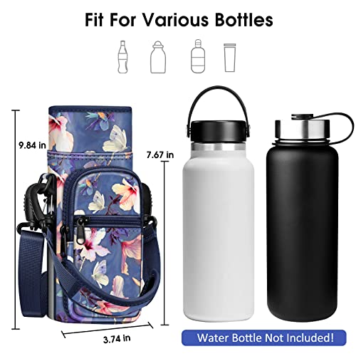 CaseBot Water Bottle Carrier Bag Sling Case, Sports Water Bottle Pouch Holder Sleeve with Adjustable Shoulder Hand Strap and 2 Pockets for Men Women Hiking Camping Travelling, Blooming Hibiscus - Image 2