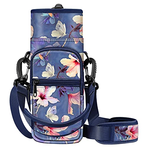 CaseBot Water Bottle Carrier Bag Sling Case, Sports Water Bottle Pouch Holder Sleeve with Adjustable Shoulder Hand Strap and 2 Pockets for Men Women Hiking Camping Travelling, Blooming Hibiscus - Image 1