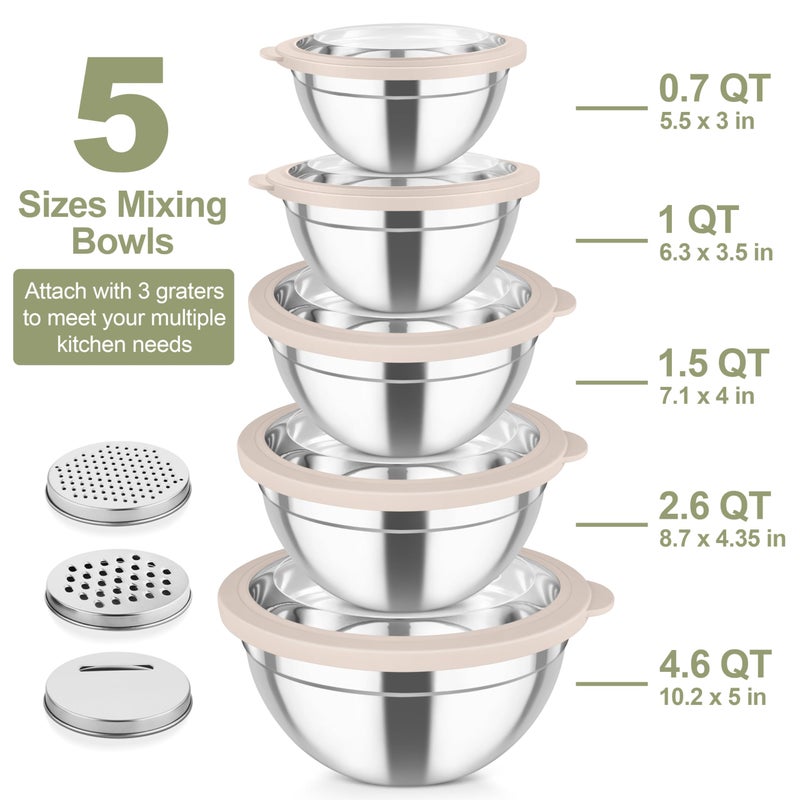TeamFar Mixing Bowls, Stainless Steel Salad Serving Bowl with Clear Lids & 3 Graters, For Kitchen Cooking Prepping Storing, Size 4.6/2.6/1.5/1/0.7 QT, Nesting & Airtight, Set of 5 & Khaki - Image 2