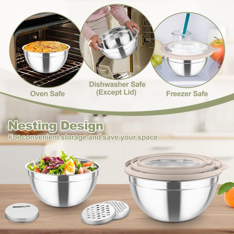 TeamFar Mixing Bowls, Stainless Steel Salad Serving Bowl with Clear Lids & 3 Graters, For Kitchen Cooking Prepping Storing, Size 4.6/2.6/1.5/1/0.7 QT, Nesting & Airtight, Set of 5 & Khaki - Image 5