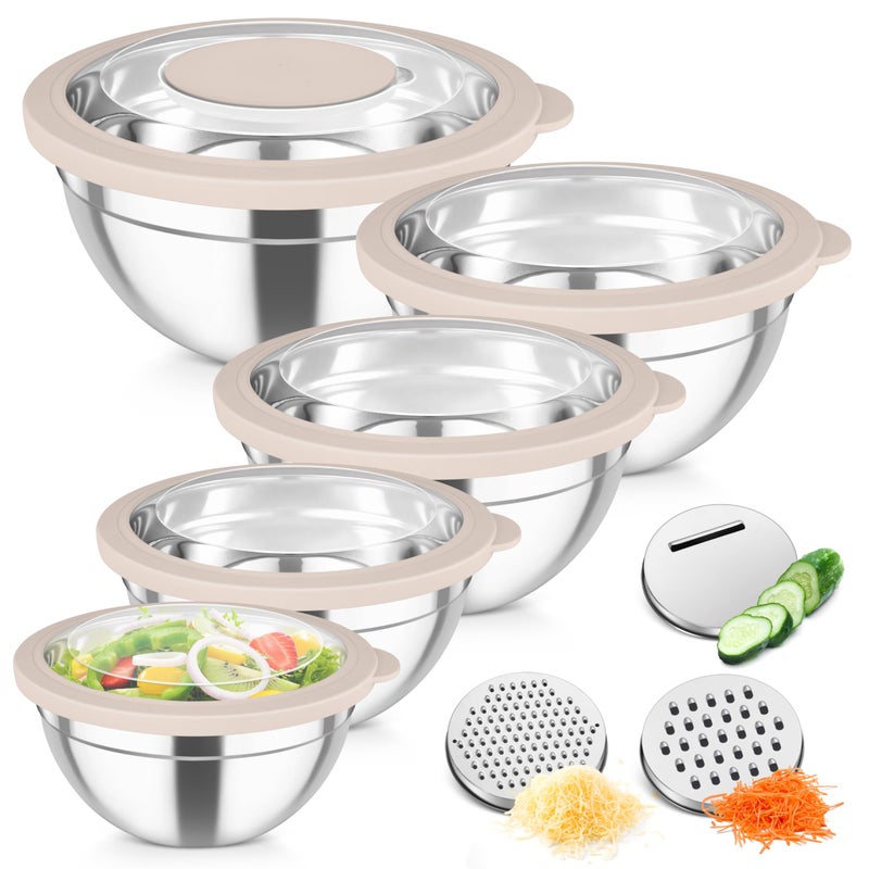 TeamFar Mixing Bowls, Stainless Steel Salad Serving Bowl with Clear Lids & 3 Graters, For Kitchen Cooking Prepping Storing, Size 4.6/2.6/1.5/1/0.7 QT, Nesting & Airtight, Set of 5 & Khaki - Image 1