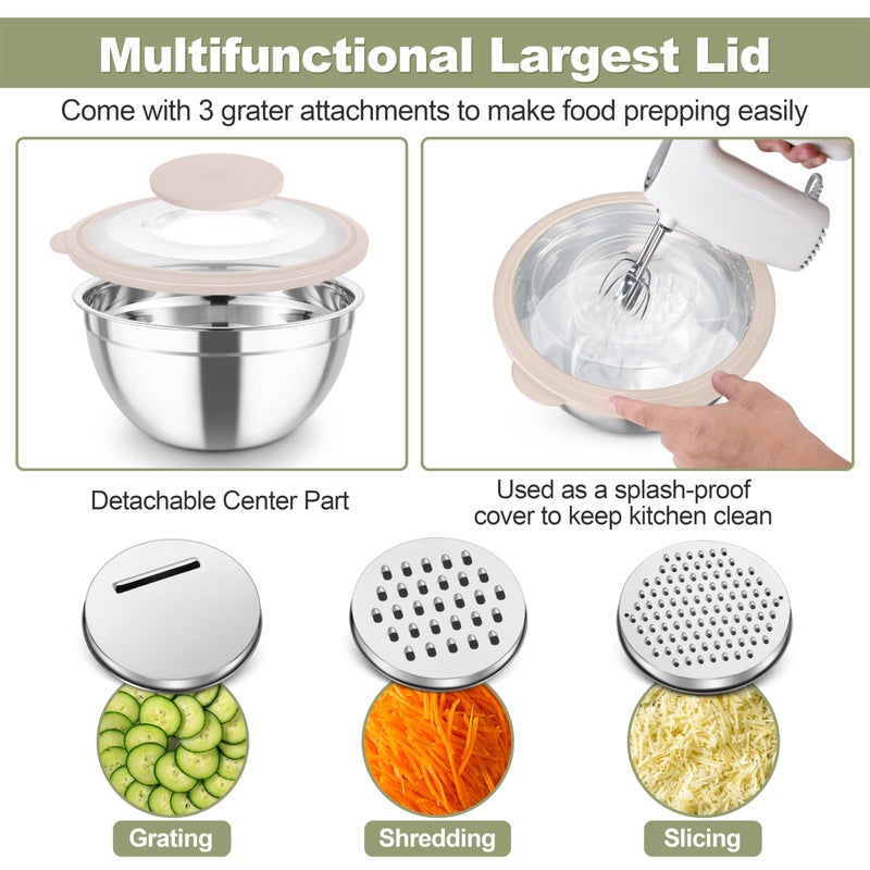 TeamFar Mixing Bowls, Stainless Steel Salad Serving Bowl with Clear Lids & 3 Graters, For Kitchen Cooking Prepping Storing, Size 4.6/2.6/1.5/1/0.7 QT, Nesting & Airtight, Set of 5 & Khaki - Image 4