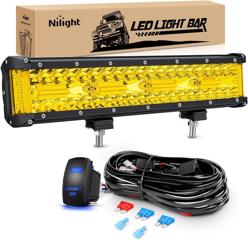 Nilight Led Light Bar 12 Inch Amber 300W Spot Flood Combo Waterproof Triple Rows Off Road Fog Light with 5Pin Rocker Switch Wiring Harness Kit-1 Lead, 2 Year Warranty (ZH705) - Image 1