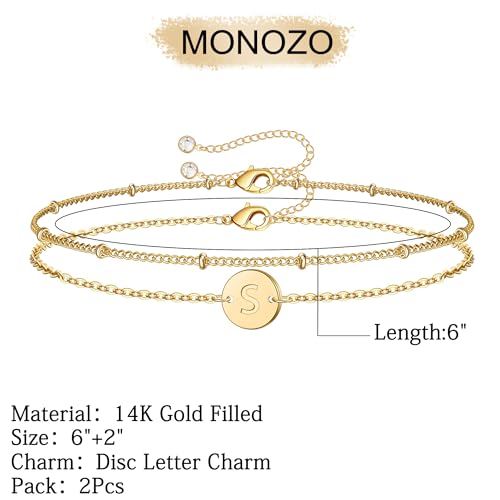MONOZO Gold Initial Bracelets for Women, Dainty 14K-gold-plated Layered Beaded S Letter Initial Bracelet Personalized Alphabet Disc Monogram Charm Bracelet Jewelry Gifts for Her - Image 2