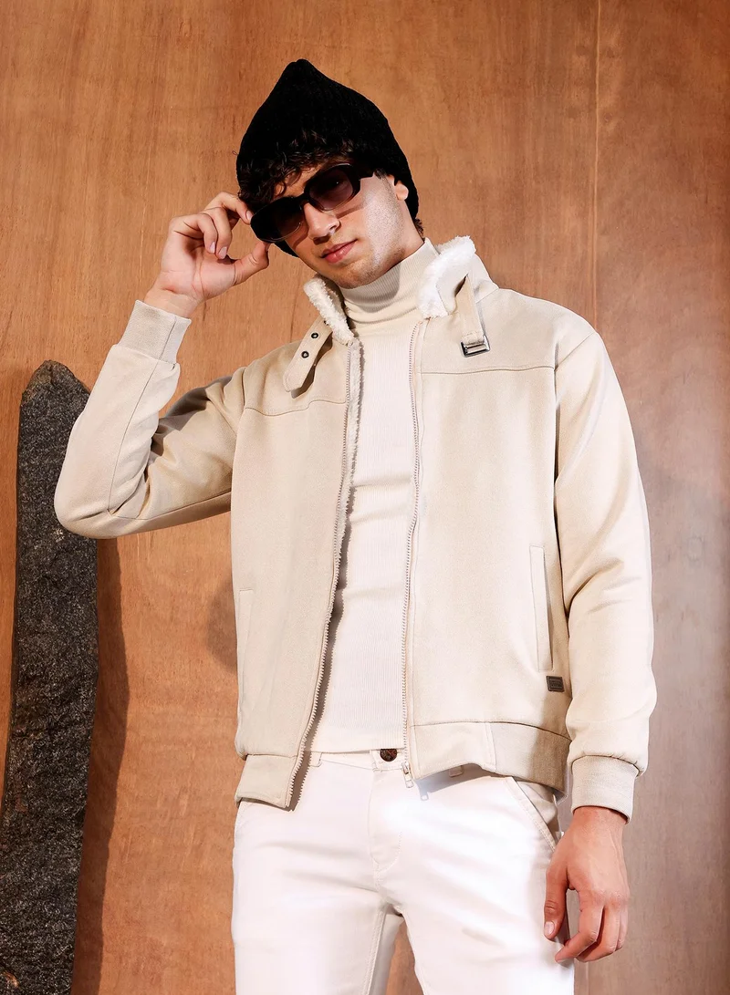 Campus Sutra Men's Saltbox Beige Contrast Sherpa-Lined Suede Bomber Jacket | Point Collar , Ribbed Cuff Sleeves , Zipper  Closure , Ribbed-Straight Hem | Solid Textured For Casual & Daily Wear