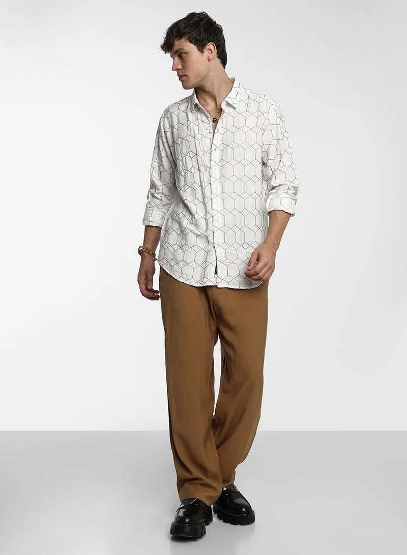 كامبوس سوترا Men's Khaki Beige Hexagon-Lined Shirt