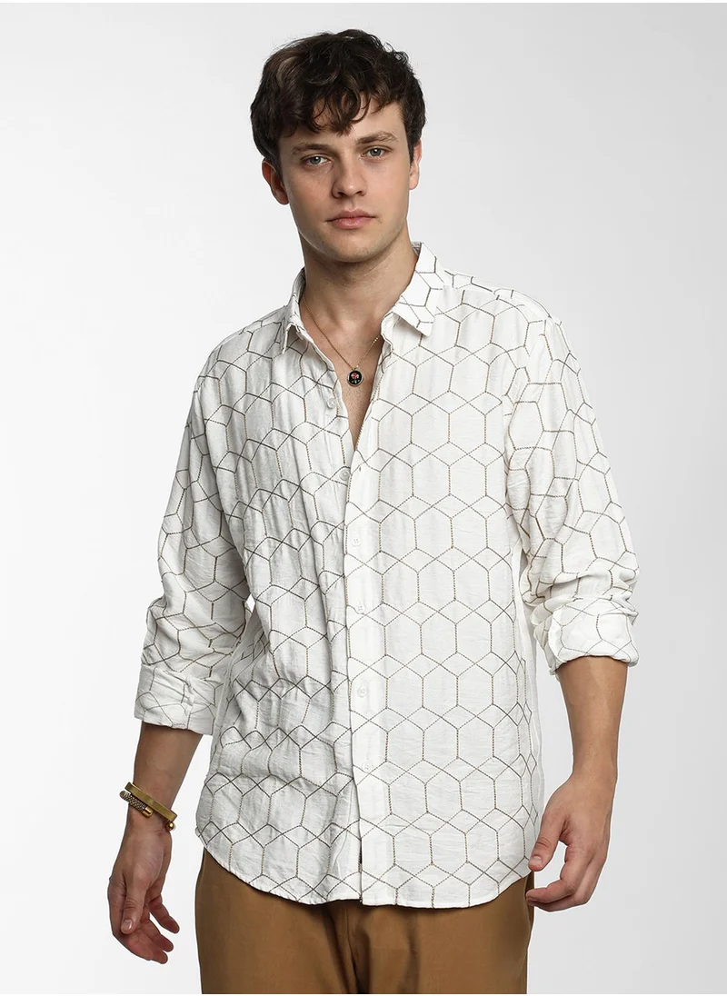 Campus Sutra Men's Khaki Beige Hexagon-Lined Shirt