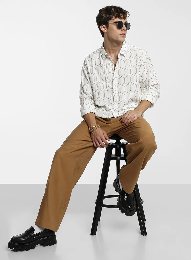 كامبوس سوترا Men's Khaki Beige Hexagon-Lined Shirt