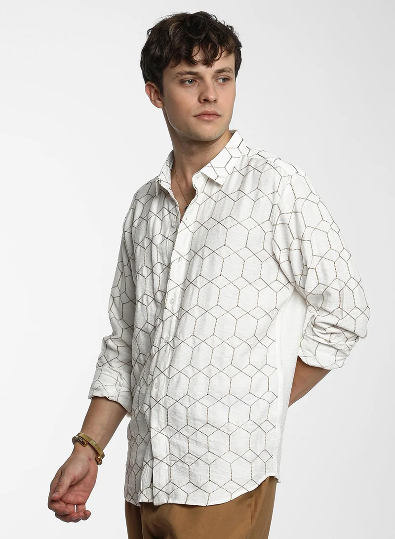 كامبوس سوترا Men's Khaki Beige Hexagon-Lined Shirt