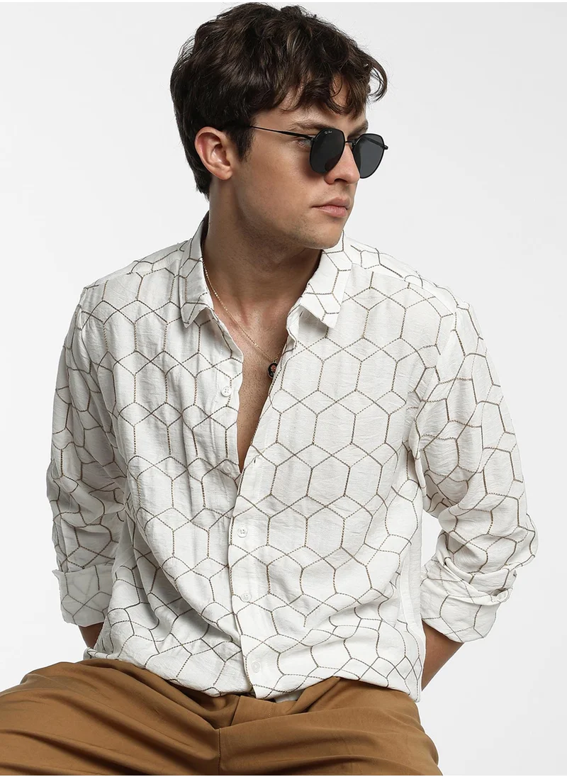 Campus Sutra Men's Khaki Beige Hexagon-Lined Shirt