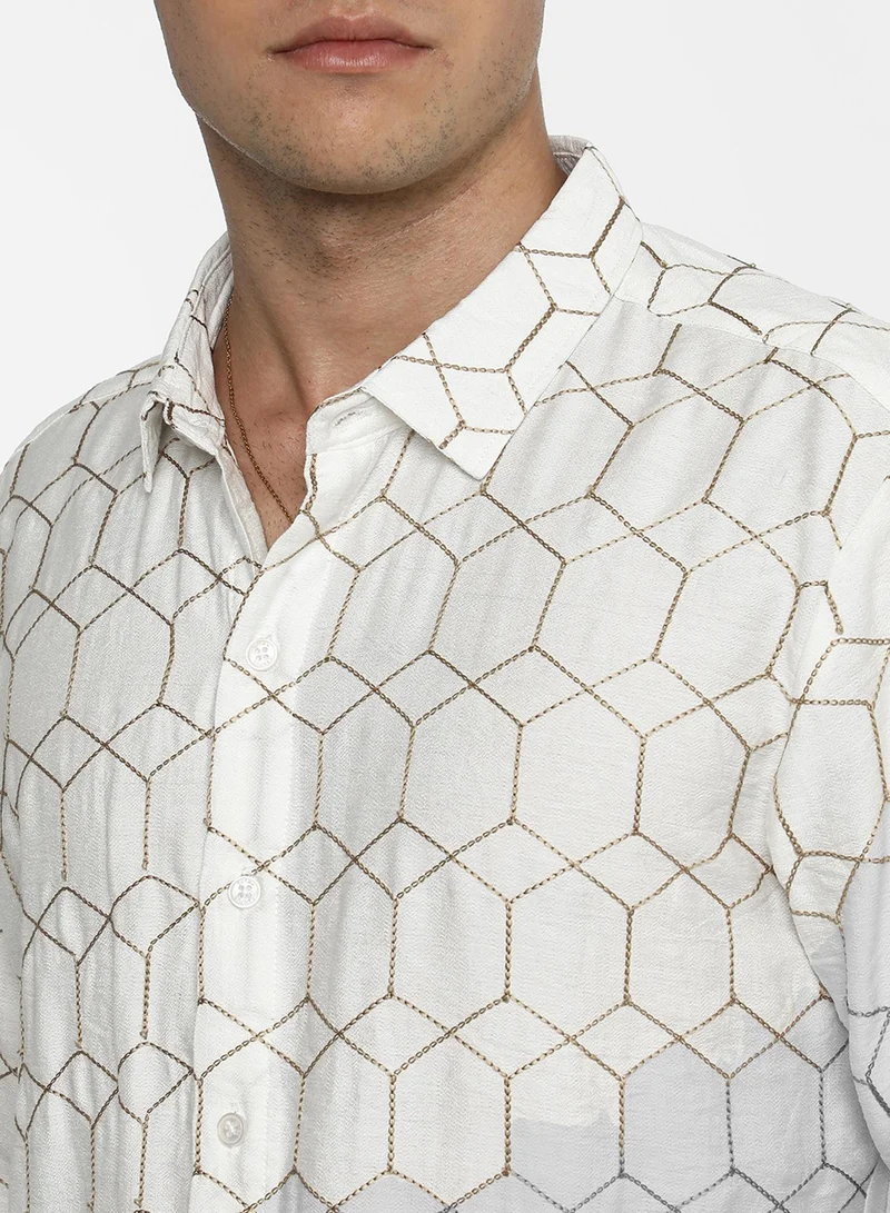 كامبوس سوترا Men's Khaki Beige Hexagon-Lined Shirt