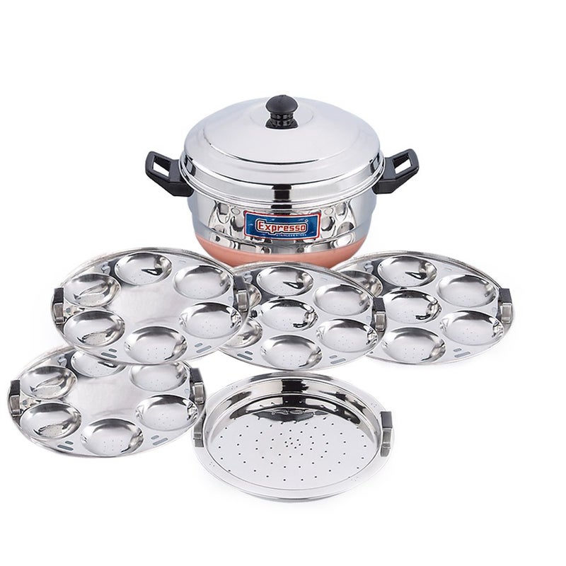 Expresso Stainless Steel Gas Stove Base Standard Idly Cooker Patra w/Copper Bottom (4 Plates / 26 Idlis, 1 Steamer)