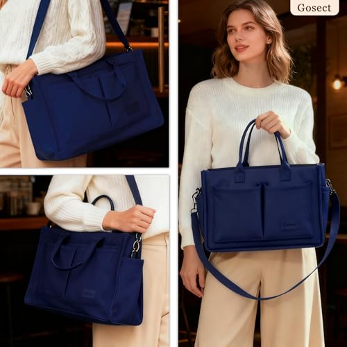 Gosect Canvas Tote Bag for Women With Pockets,X-Large Work Tote Bags Womens, Laptop Crossbody Purses Everything Everyday Bag Handbags lunch bag for Travel Work (Dark Blue) - Image 2
