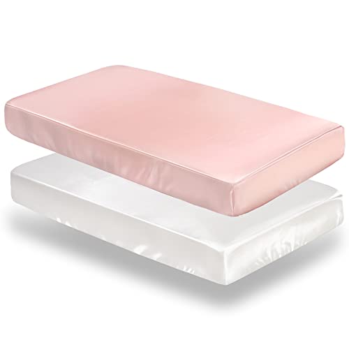 SiinvdaBZX 2 Pcs Satin Mini Crib Sheets 38 x 24In Silky Soft Mini Portable Crib Sheets Mattress Cover Portable Playard Sheets with 5In Deep Pocket Great for Baby Hair Pink  White