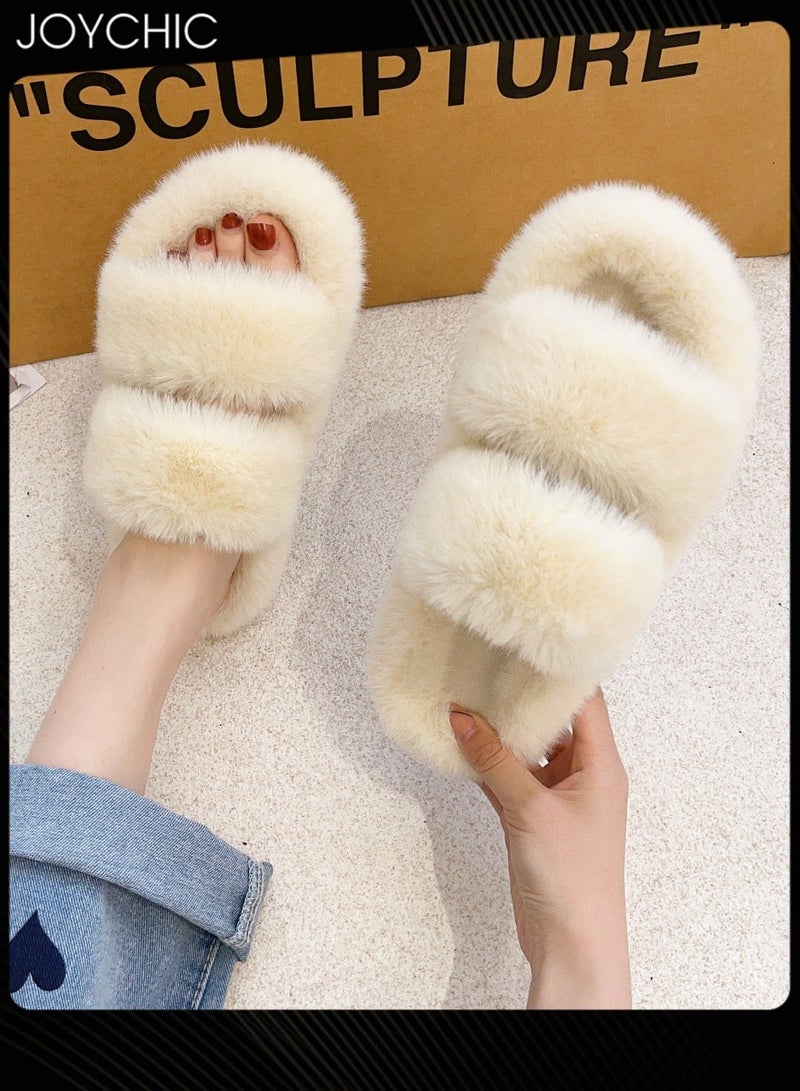 NIBEMINENT Stylish Women Faux Fur Open Toe Flat Indoor Slippers Autumn and Winter Warm Household Bedroom Comsoft Beige  - Image 1