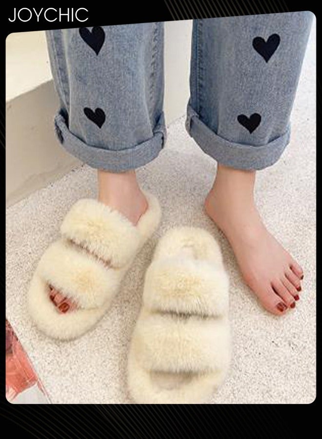 NIBEMINENT Stylish Women Faux Fur Open Toe Flat Indoor Slippers Autumn and Winter Warm Household Bedroom Comsoft Beige  - Image 2