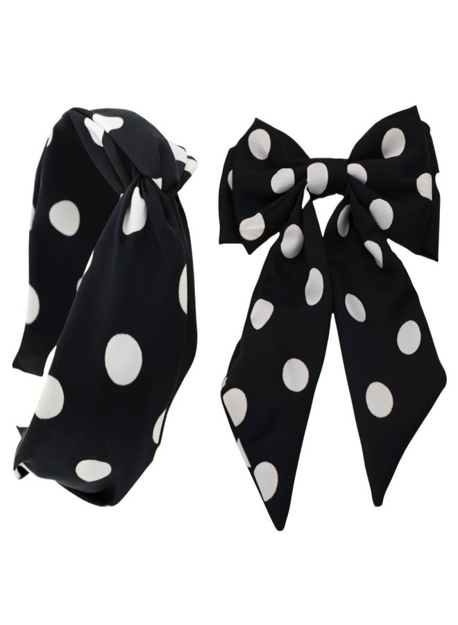 NNR Stylish Polka Dot Hair Bow & Headband Set for Girls & Women - Elegant Satin Finish, Soft Fabric, Perfect for Casual & Special Occasions, Trendy Hair Accessory Combo (Black) - Image 1