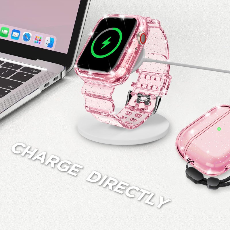 DABAOZA Compatible for Clear Apple Watch Band with Bumper Case 42mm, Women Men Glitter Bling TPU Sport Strap for iWatch SE Ultra 3 2 Series 11 10 9 8 7 6 5 4 3 2 1ï¼ˆGlitterPink,42ï¼‰ - Image 5