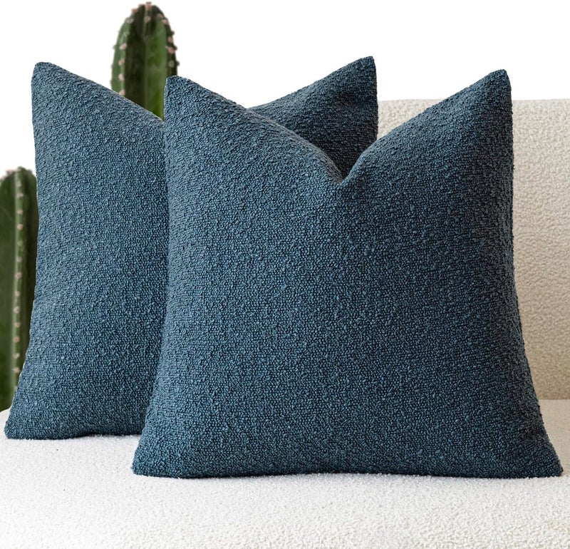 Foindtower Set of 2, Decorative Textured Boucle Throw Pillow Covers Accent Solid Pillow Cases Neutral Soft Cozy Couch Cushion Case for Chair Sofa Bedroom Living Room Home Decor 26 x 26 Inch Blue - Image 1