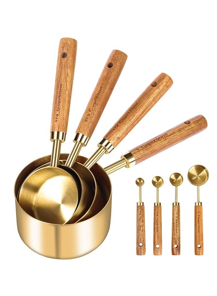 Arabest Gold Measuring Cups and Spoons Set of 8, Wood Handle with Metric and US Measurements, Premium Stainless Steel, Golden Polished Finish, Dry & Liquid Measuring Cup for Cooking and Baking - Image 1