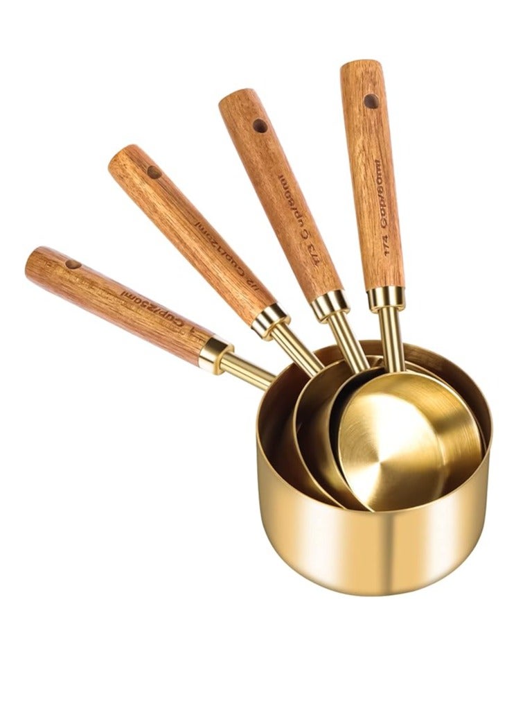Arabest Gold Measuring Cups and Spoons Set of 8, Wood Handle with Metric and US Measurements, Premium Stainless Steel, Golden Polished Finish, Dry & Liquid Measuring Cup for Cooking and Baking - Image 2
