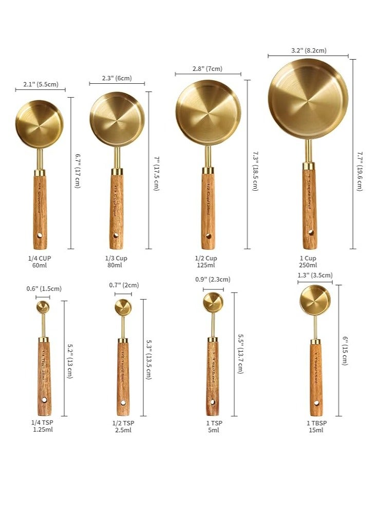 Arabest Gold Measuring Cups and Spoons Set of 8, Wood Handle with Metric and US Measurements, Premium Stainless Steel, Golden Polished Finish, Dry & Liquid Measuring Cup for Cooking and Baking - Image 4